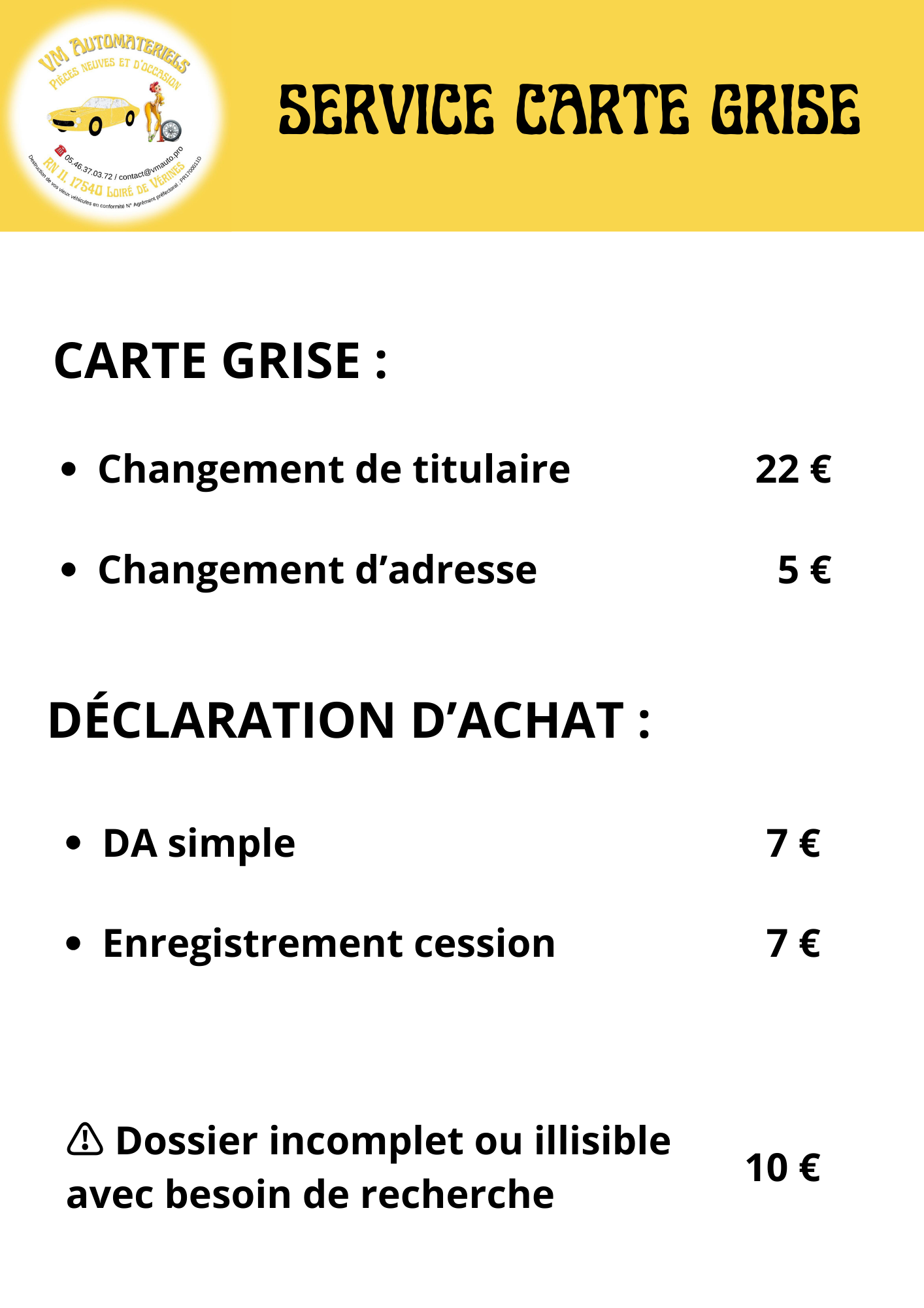 Tarifs service carte grise
